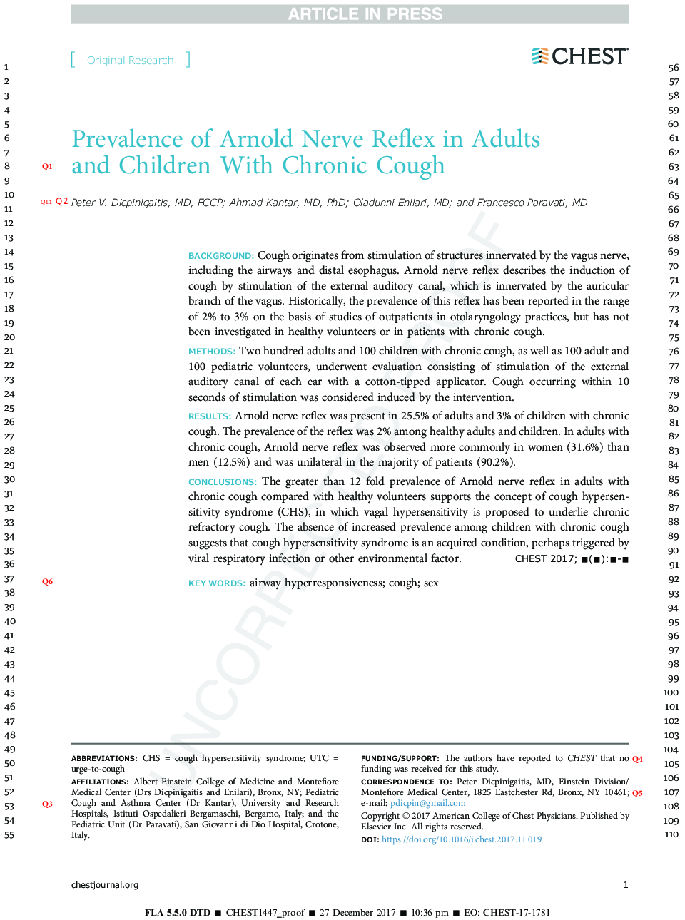 Prevalence of Arnold Nerve Reflex in Adults and Children With Chronic Cough