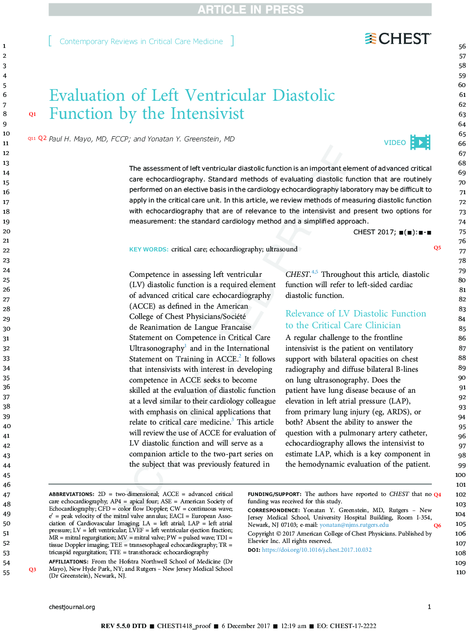 Evaluation of Left Ventricular Diastolic Function by the Intensivist