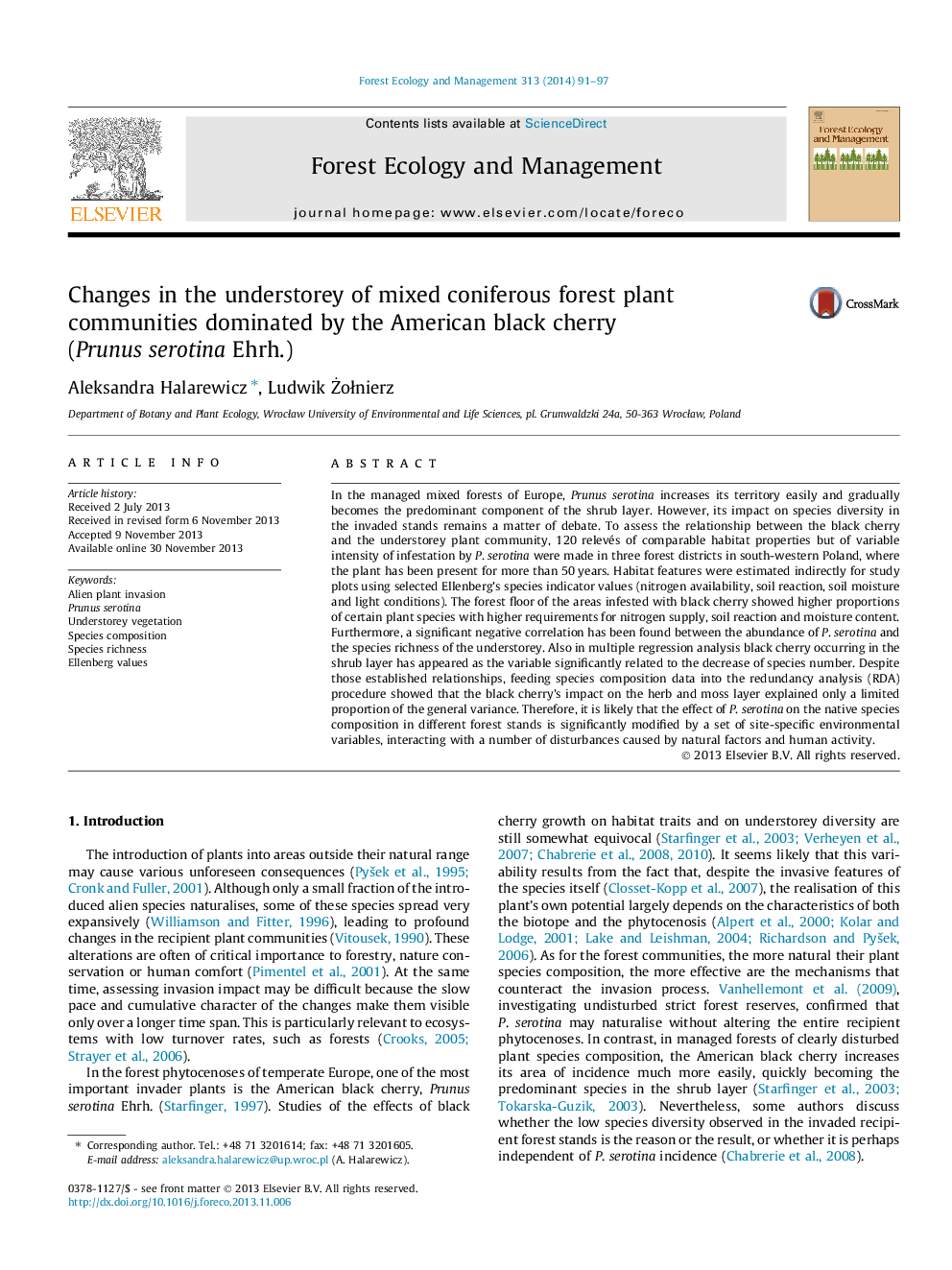 Changes in the understorey of mixed coniferous forest plant communities dominated by the American black cherry (Prunus serotina Ehrh.)