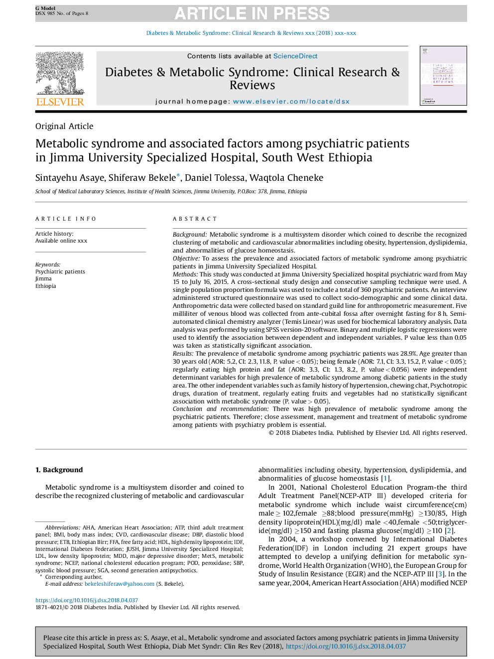 Metabolic syndrome and associated factors among psychiatric patients in Jimma University Specialized Hospital, South West Ethiopia