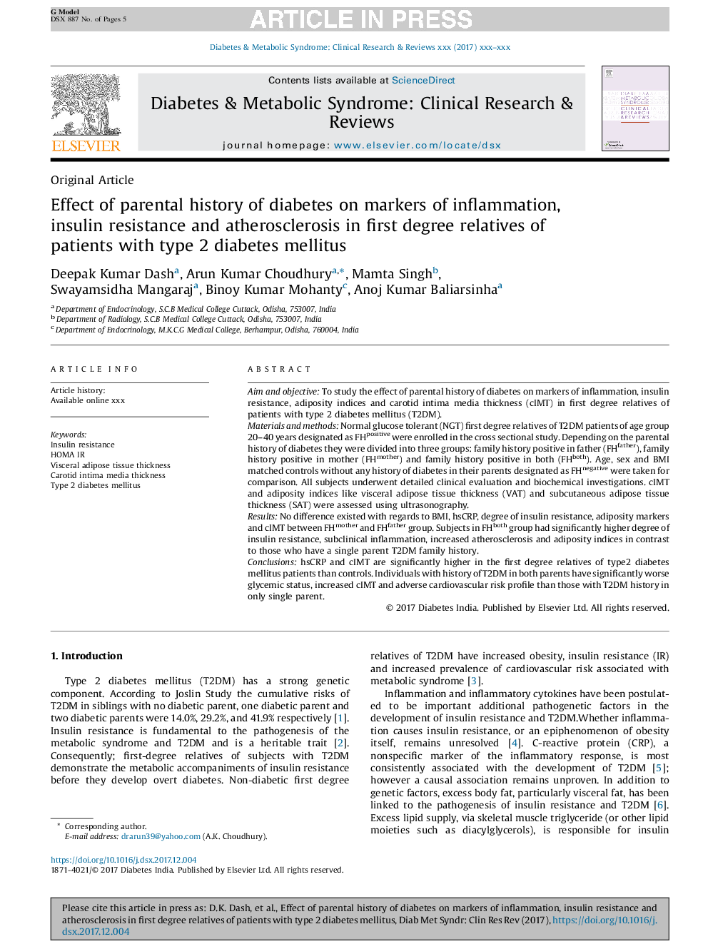 Effect of parental history of diabetes on markers of inflammation, insulin resistance and atherosclerosis in first degree relatives of patients with type 2 diabetes mellitus