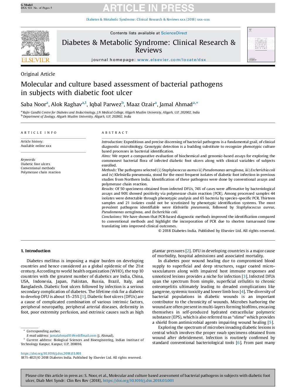 Molecular and culture based assessment of bacterial pathogens in subjects with diabetic foot ulcer