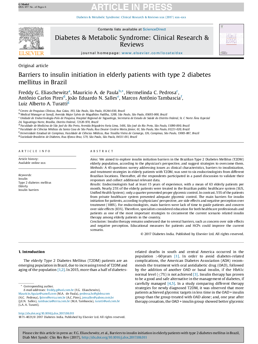 Barriers to insulin initiation in elderly patients with type 2 diabetes mellitus in Brazil