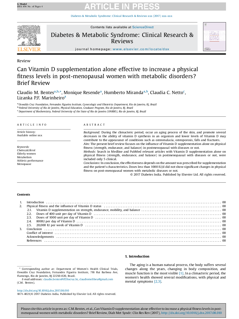 Can Vitamin D supplementation alone effective to increase a physical fitness levels in post-menopausal women with metabolic disorders? Brief Review