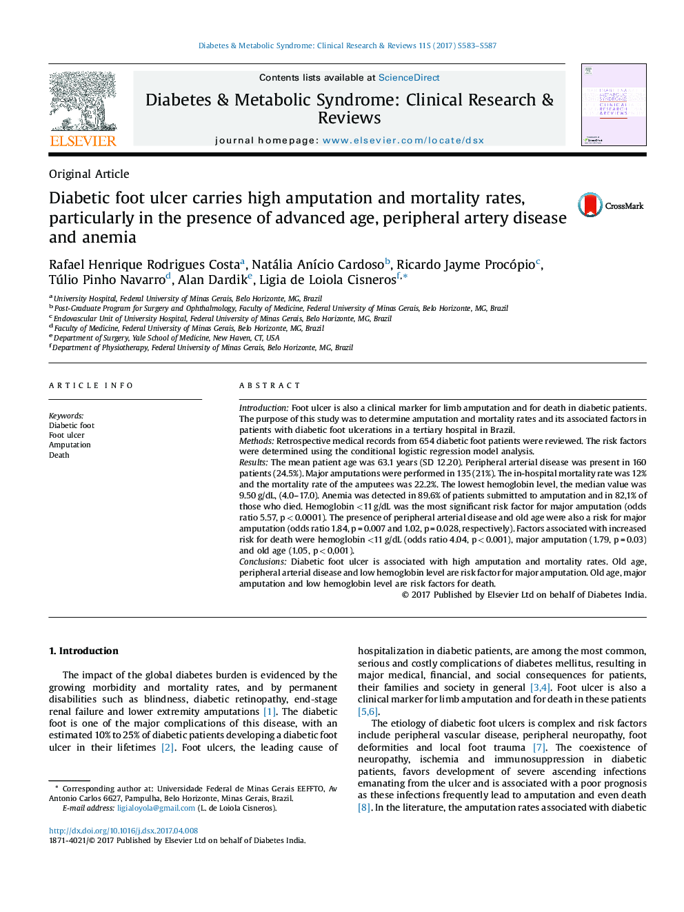 Diabetic foot ulcer carries high amputation and mortality rates, particularly in the presence of advanced age, peripheral artery disease and anemia