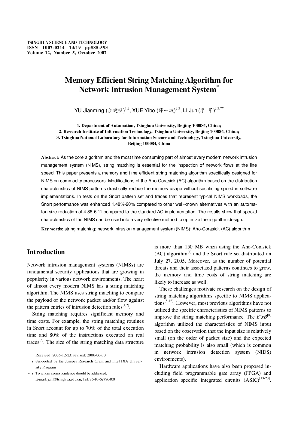 Memory Efficient String Matching Algorithm for Network Intrusion Management System