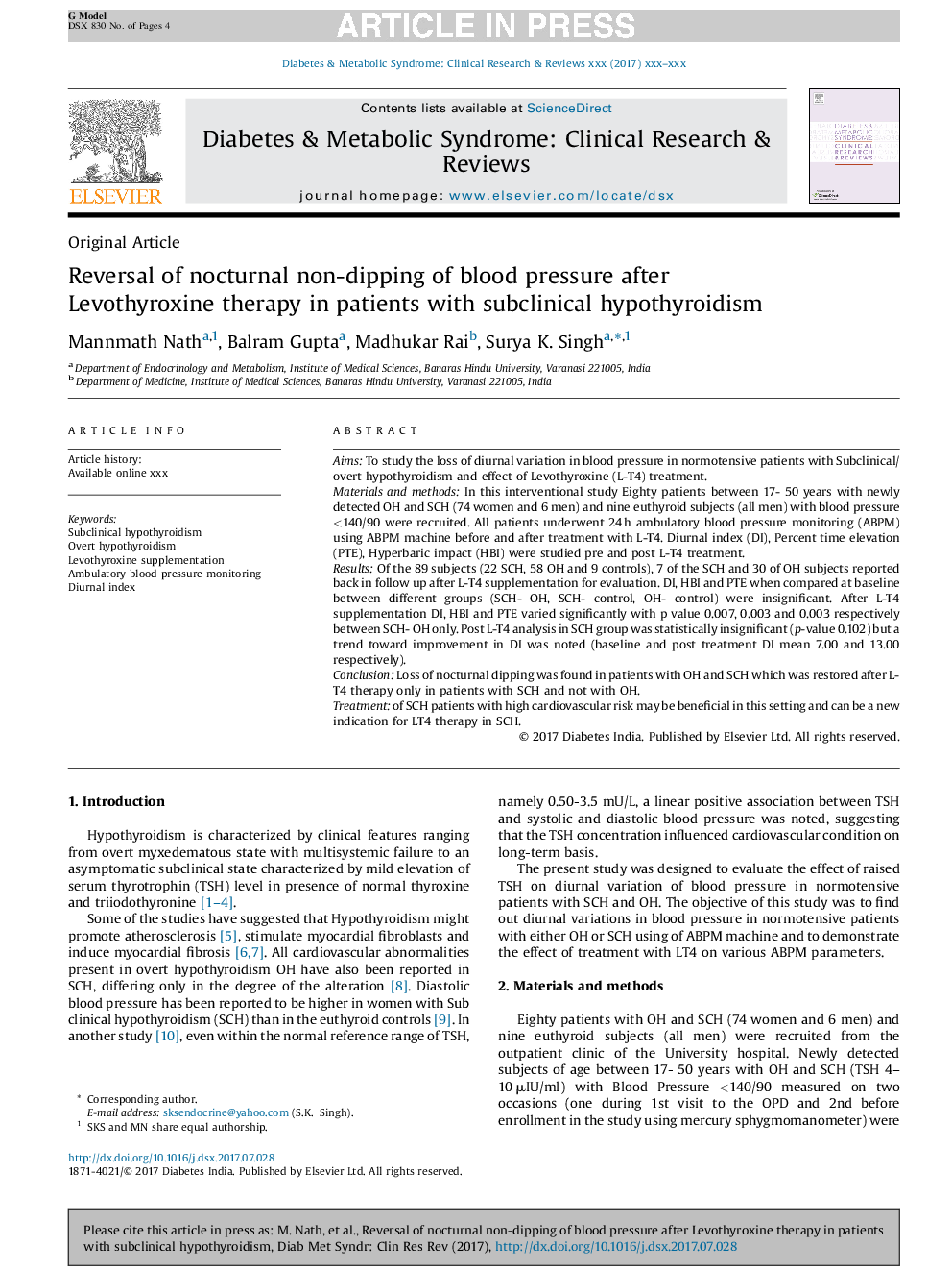 Reversal of nocturnal non-dipping of blood pressure after Levothyroxine therapy in patients with subclinical hypothyroidism