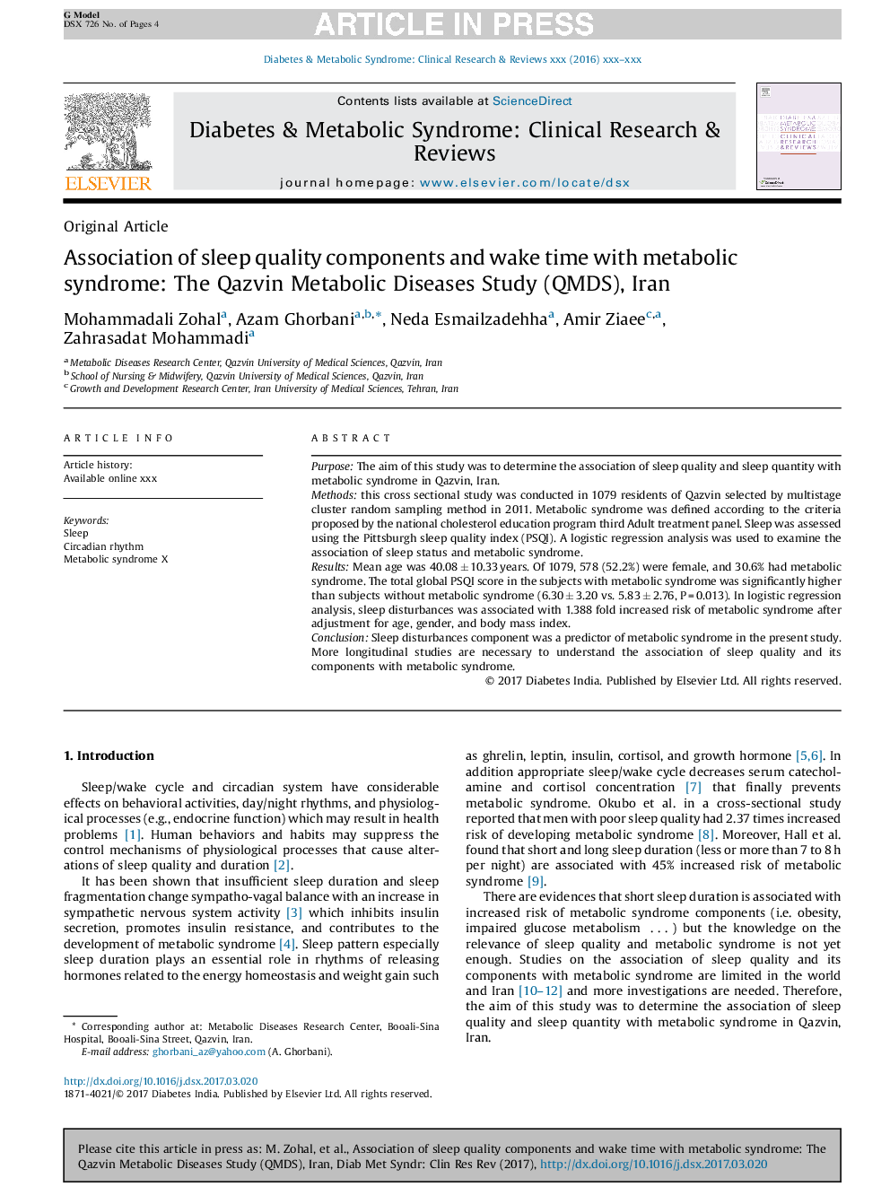 Association of sleep quality components and wake time with metabolic syndrome: The Qazvin Metabolic Diseases Study (QMDS), Iran