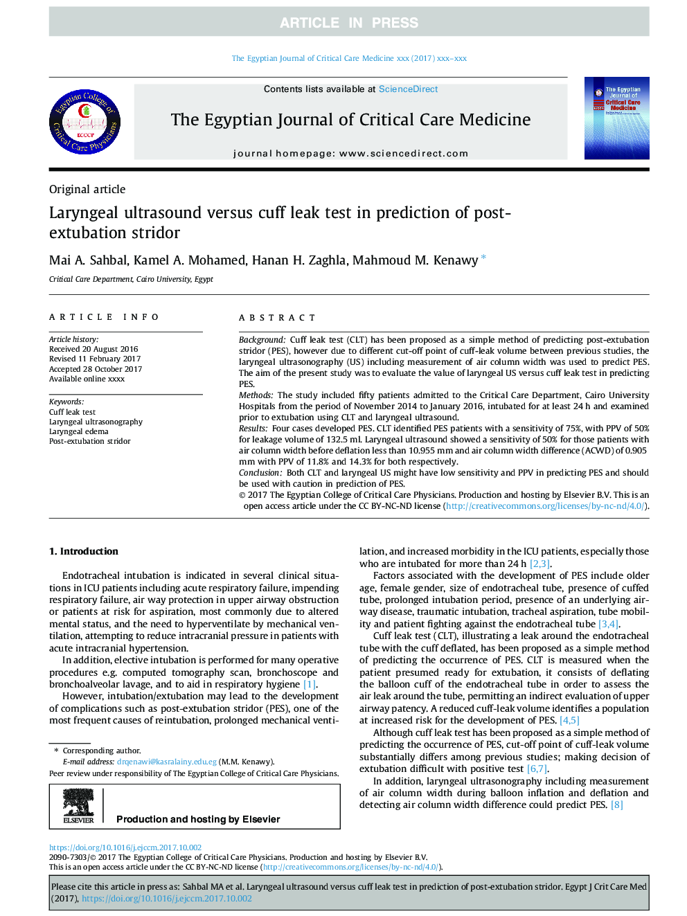 Laryngeal ultrasound versus cuff leak test in prediction of post-extubation stridor