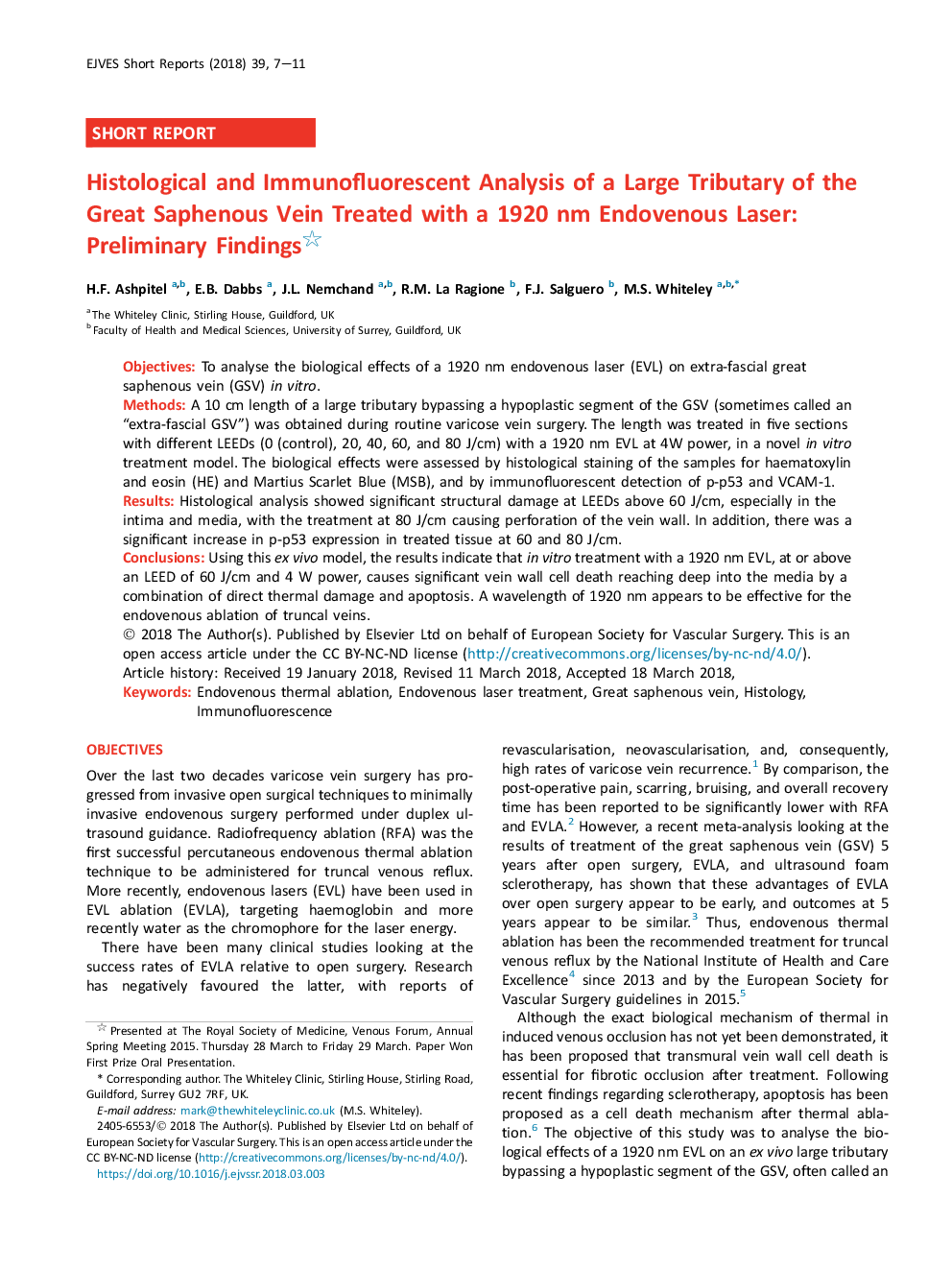 Histological and Immunofluorescent Analysis of a Large Tributary of the Great Saphenous Vein Treated with a 1920 nm Endovenous Laser: Preliminary Findings