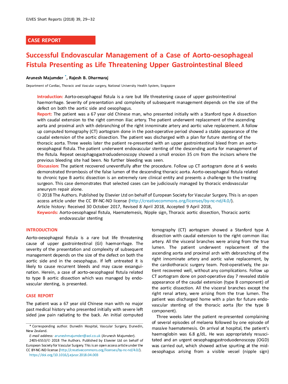 Successful Endovascular Management of a Case of Aorto-oesophageal Fistula Presenting as Life Threatening Upper Gastrointestinal Bleed