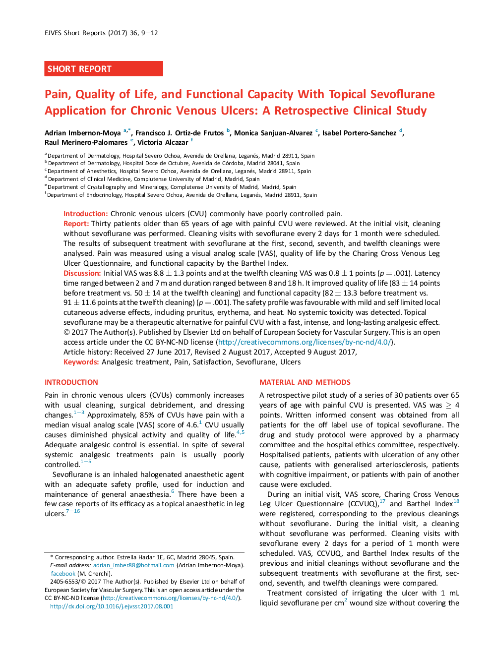 Pain, Quality of Life, and Functional Capacity With Topical Sevoflurane Application for Chronic Venous Ulcers: A Retrospective Clinical Study