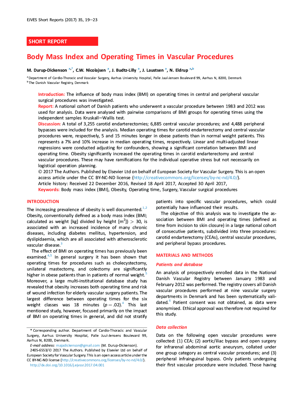 Body Mass Index and Operating Times in Vascular Procedures