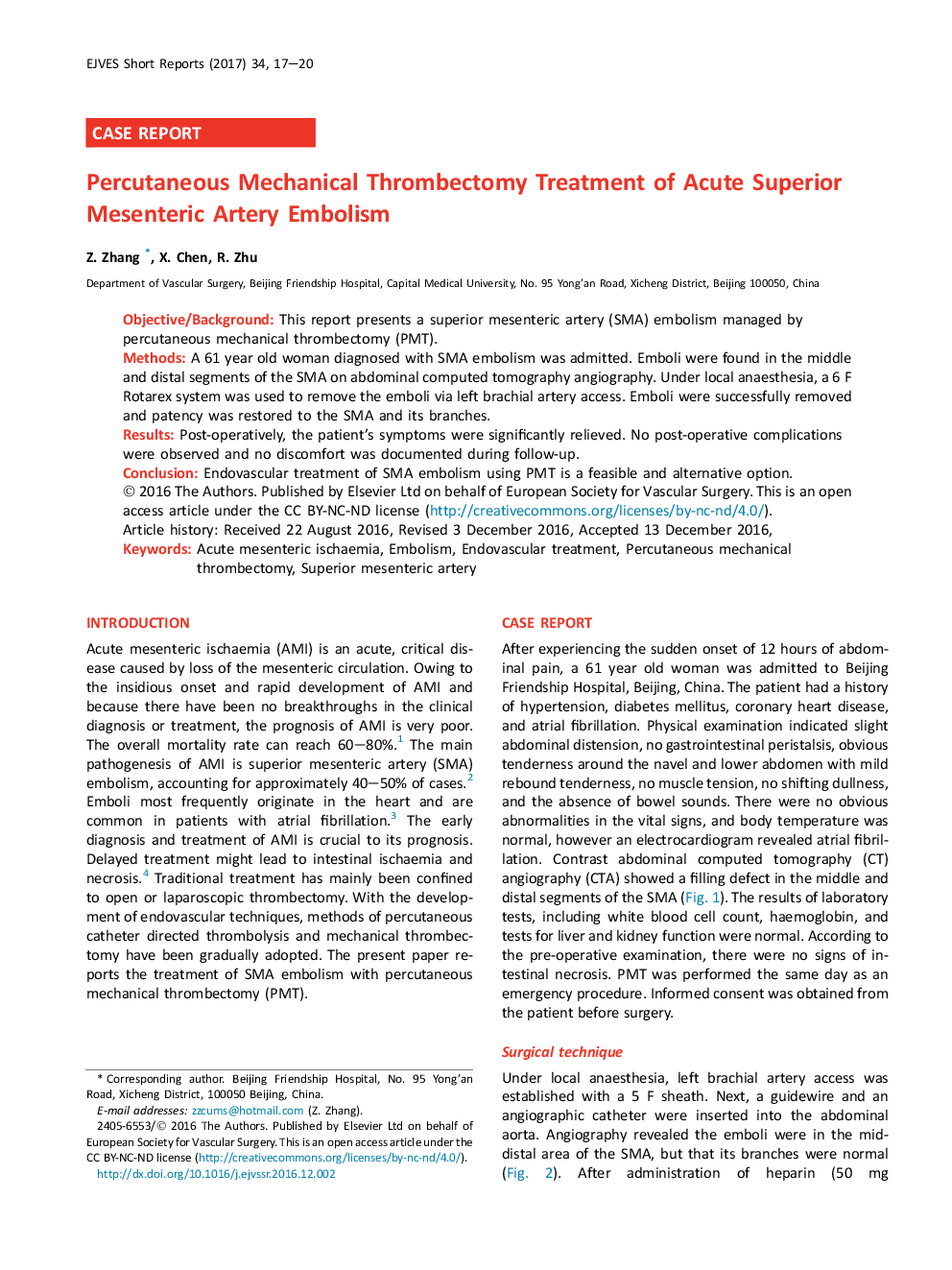 Percutaneous Mechanical Thrombectomy Treatment of Acute Superior Mesenteric Artery Embolism