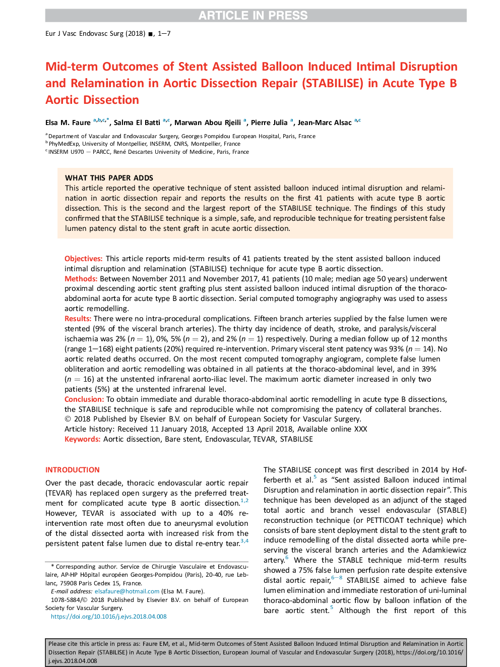 Mid-term Outcomes of Stent Assisted Balloon Induced Intimal Disruption and Relamination in Aortic Dissection Repair (STABILISE) in Acute Type B Aortic Dissection