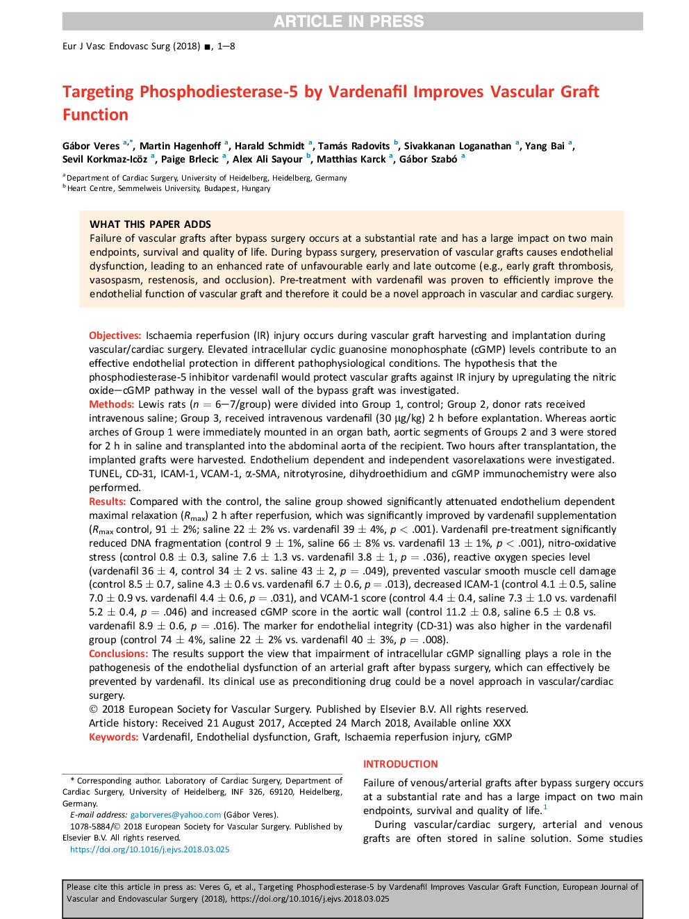 Targeting Phosphodiesterase-5 by Vardenafil Improves Vascular Graft Function