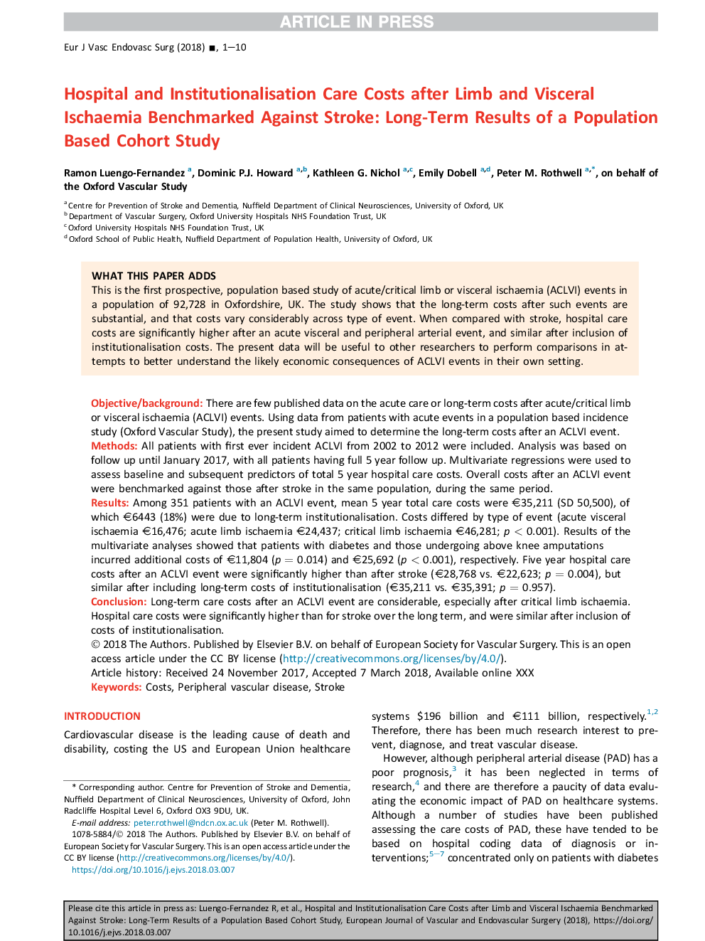 Hospital and Institutionalisation Care Costs after Limb and Visceral Ischaemia Benchmarked Against Stroke: Long-Term Results of a Population Based Cohort Study