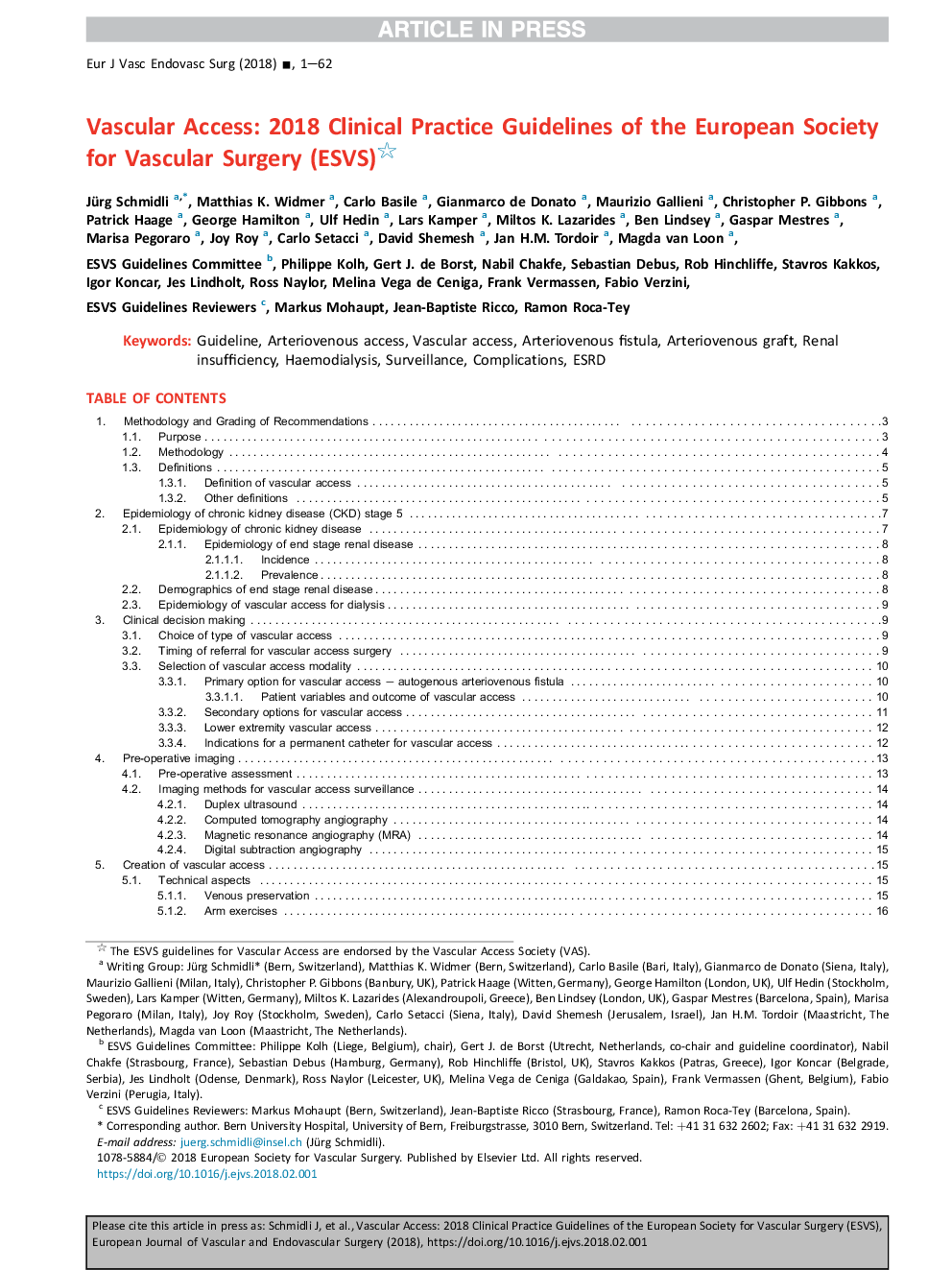 Editor's Choice - Vascular Access: 2018 Clinical Practice Guidelines of the European Society for Vascular Surgery (ESVS)