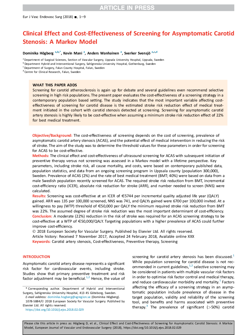 Clinical Effect and Cost-Effectiveness of Screening for Asymptomatic Carotid Stenosis: A Markov Model