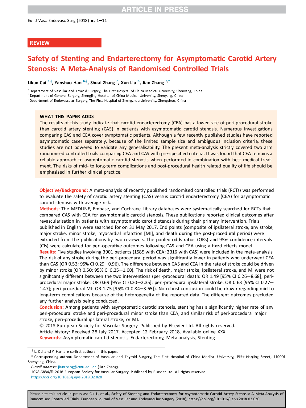 Safety of Stenting and Endarterectomy for Asymptomatic Carotid Artery Stenosis: A Meta-Analysis of Randomised Controlled Trials