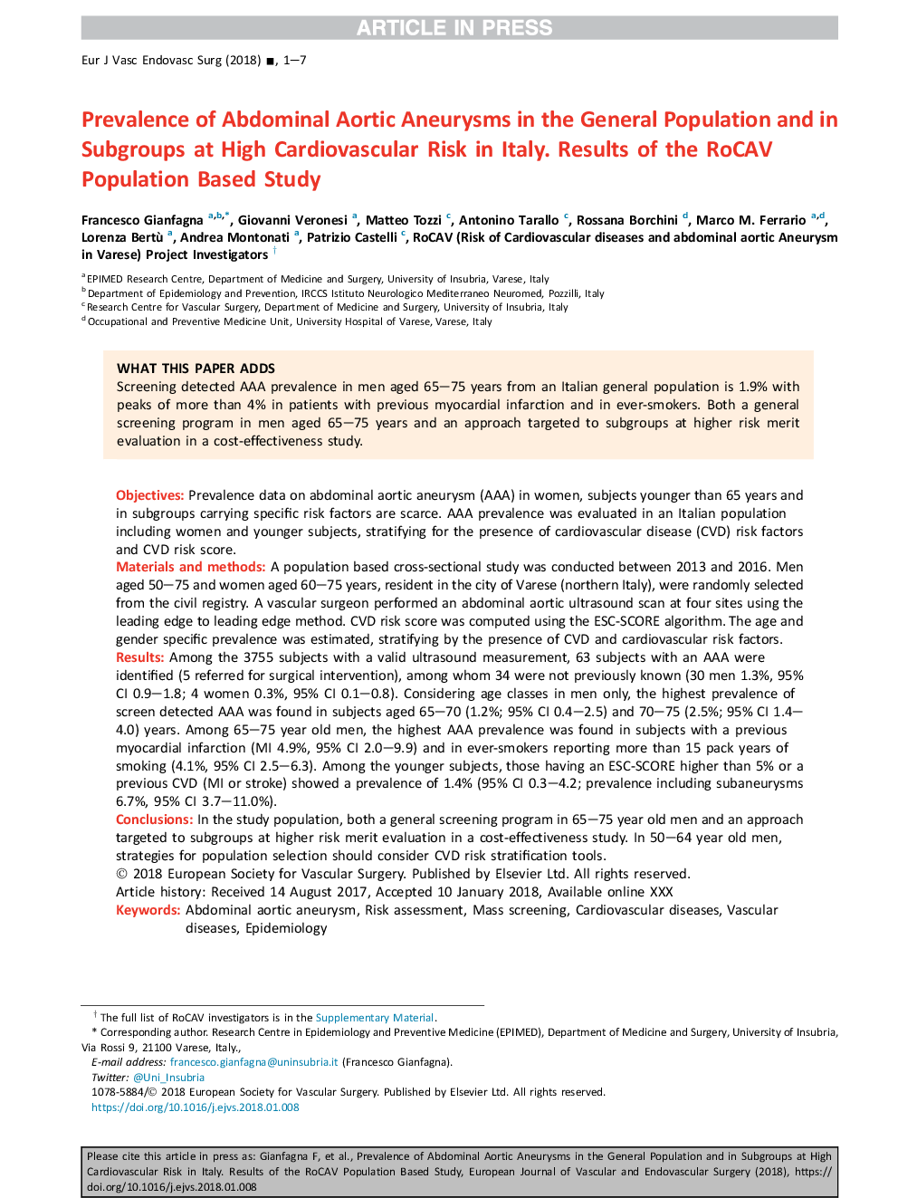 Prevalence of Abdominal Aortic Aneurysms in the General Population and in Subgroups at High Cardiovascular Risk in Italy. Results of the RoCAV Population Based Study