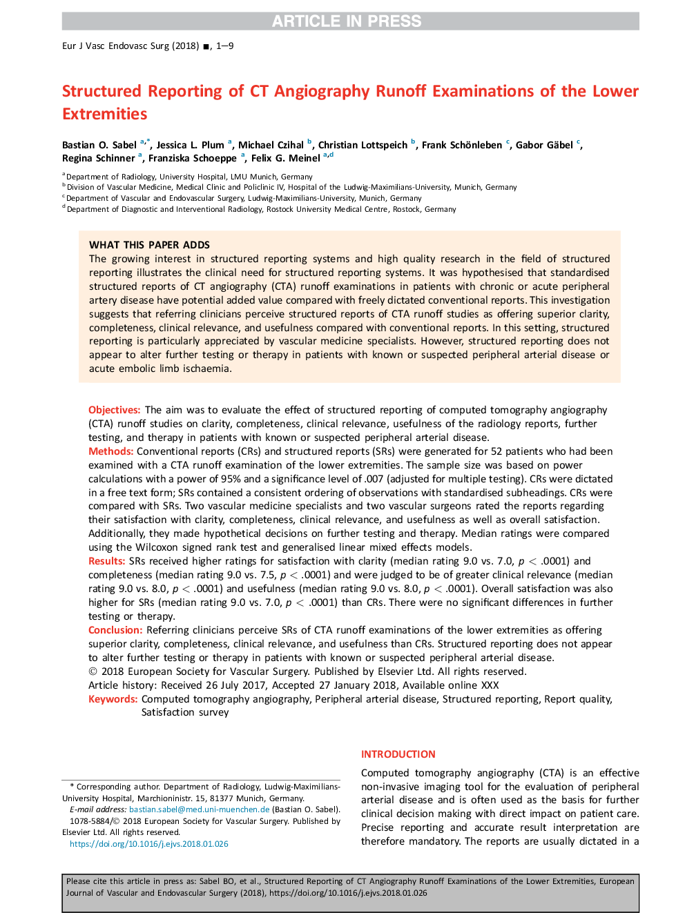 Structured Reporting of CT Angiography Runoff Examinations of the Lower Extremities