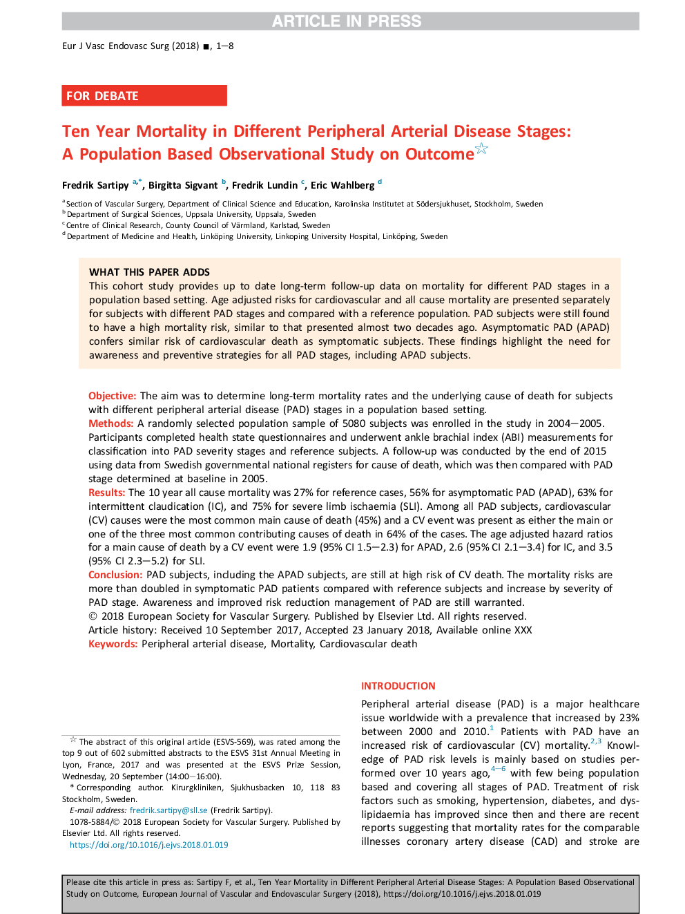 مرگ و میر ده ساله در مراحل مختلف بیماری عروق محیطی: مطالعه ی مشاهدات جمعیتی مبتنی بر جمعیت بر روی نتایج 