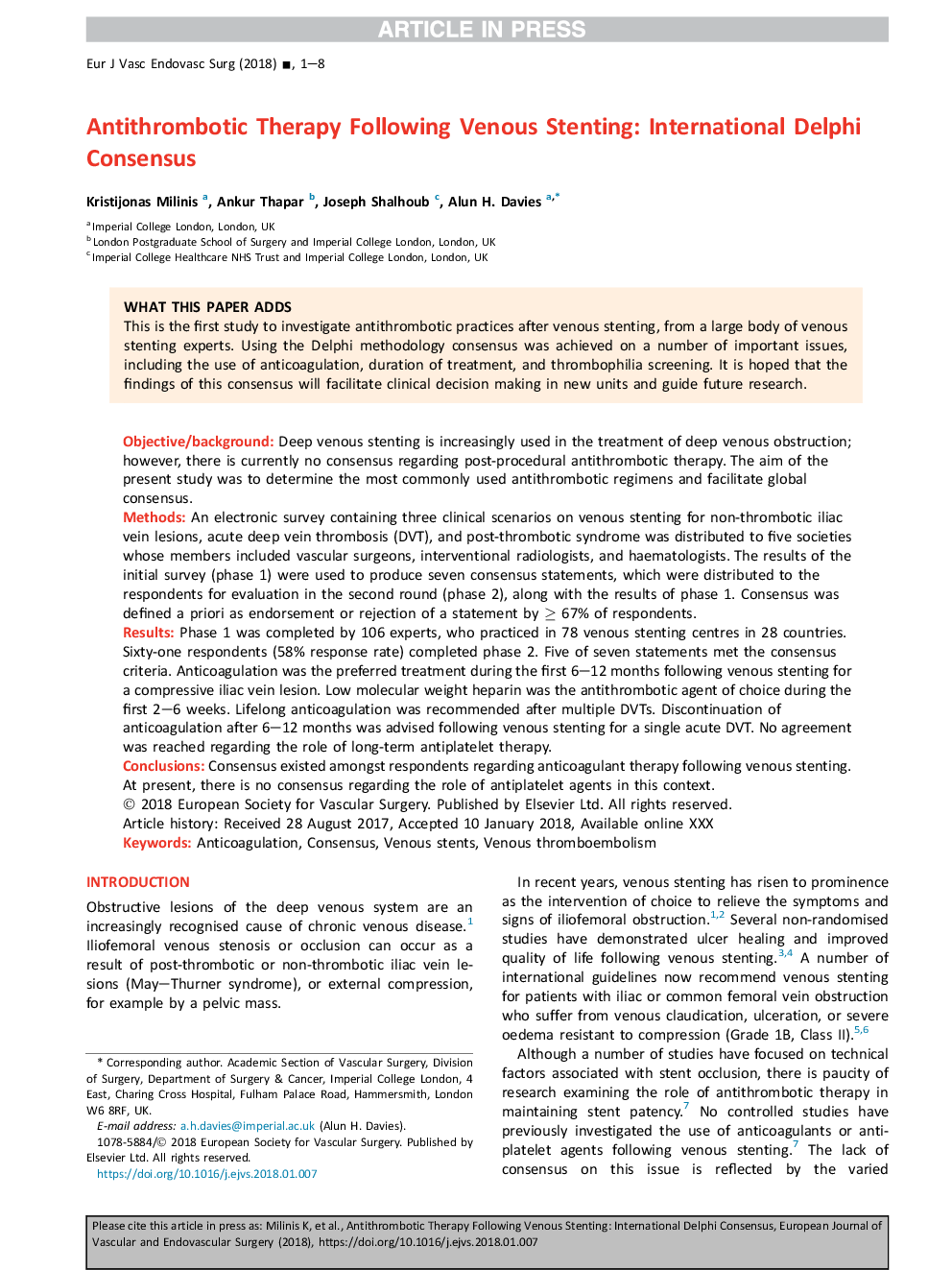 Antithrombotic Therapy Following Venous Stenting: International Delphi Consensus