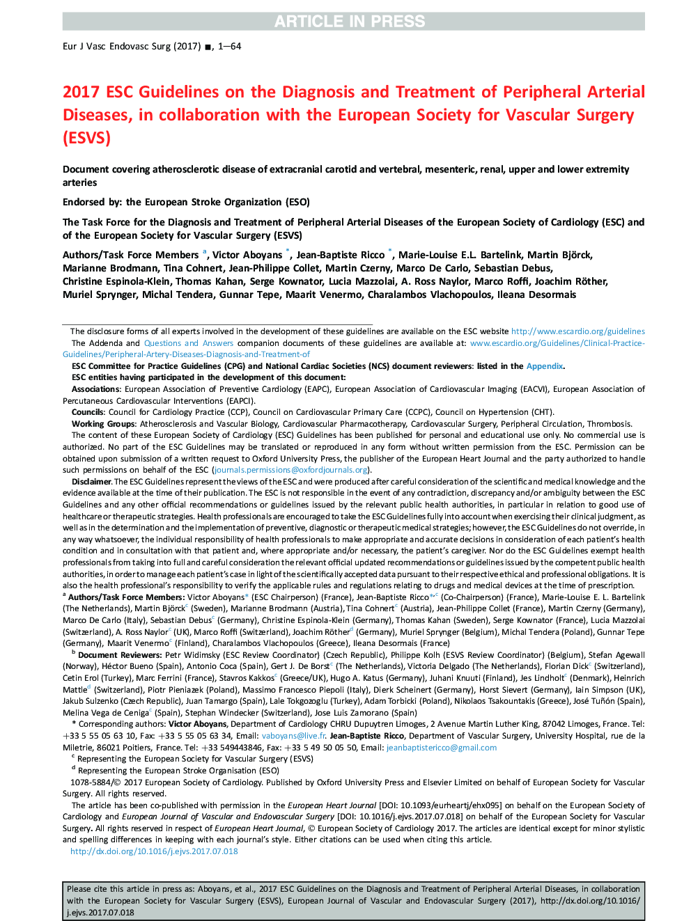 Editor's Choice - 2017 ESC Guidelines on the Diagnosis and Treatment of Peripheral Arterial Diseases, in collaboration with the European Society for Vascular Surgery (ESVS)