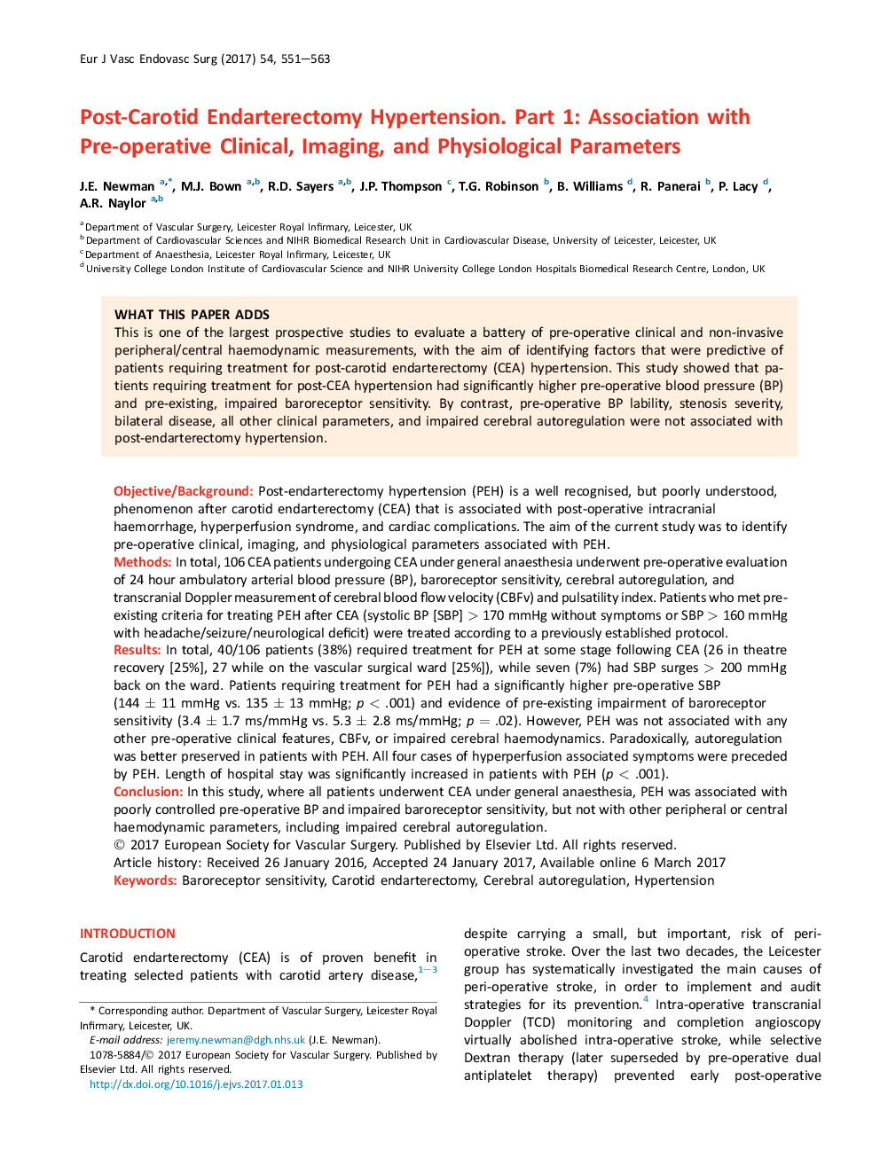 Post-Carotid Endarterectomy Hypertension. Part 1: Association with Pre-operative Clinical, Imaging, and Physiological Parameters