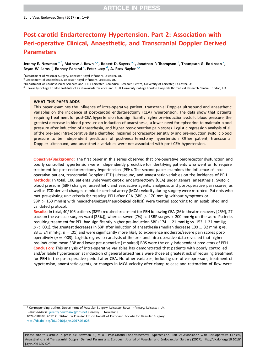 Post-carotid Endarterectomy Hypertension. Part 2: Association with Peri-operative Clinical, Anaesthetic, and Transcranial Doppler Derived Parameters