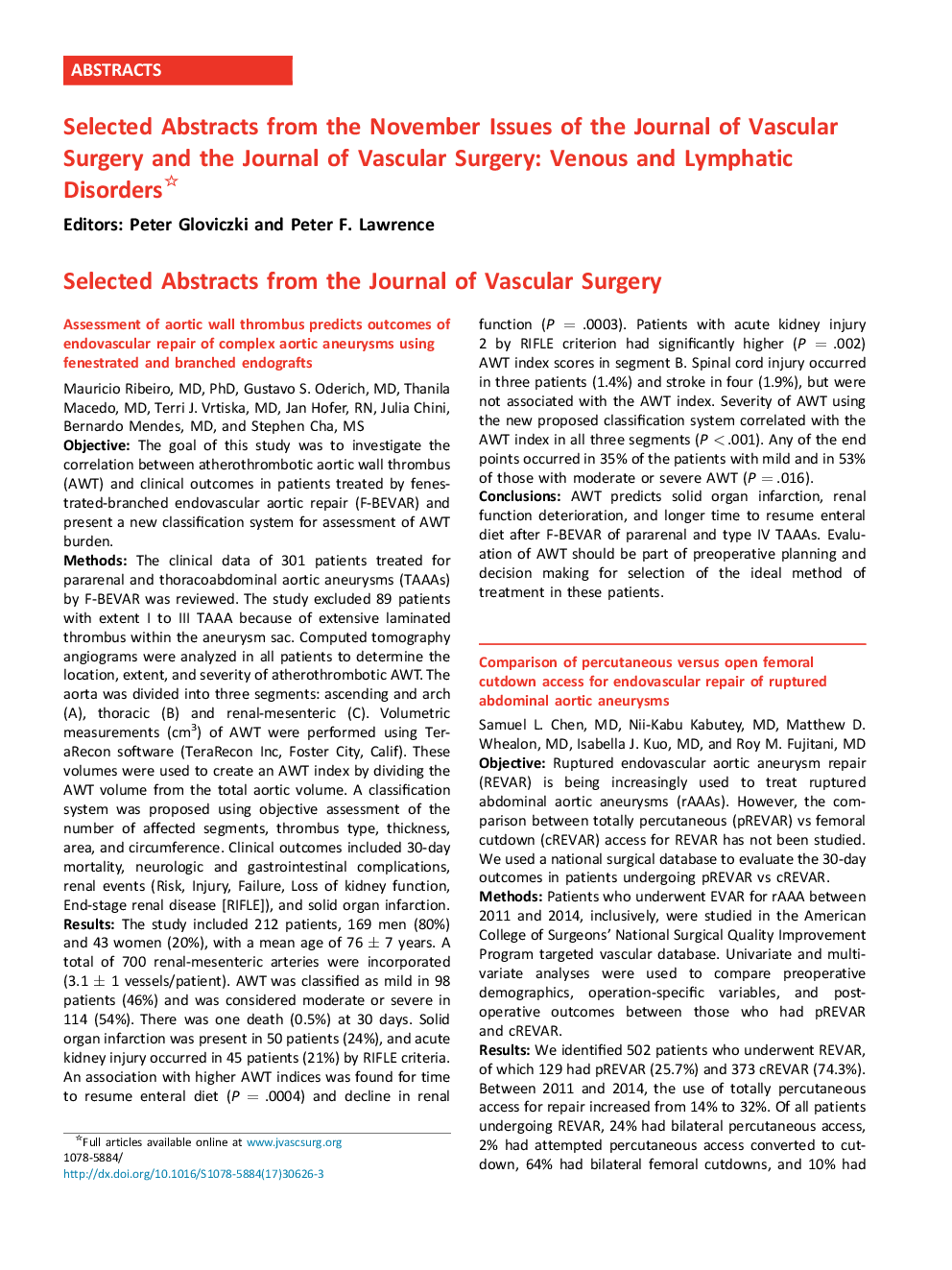 Selected Abstracts from the November Issues of the Journal of Vascular Surgery and the Journal of Vascular Surgery: Venous and Lymphatic Disorders