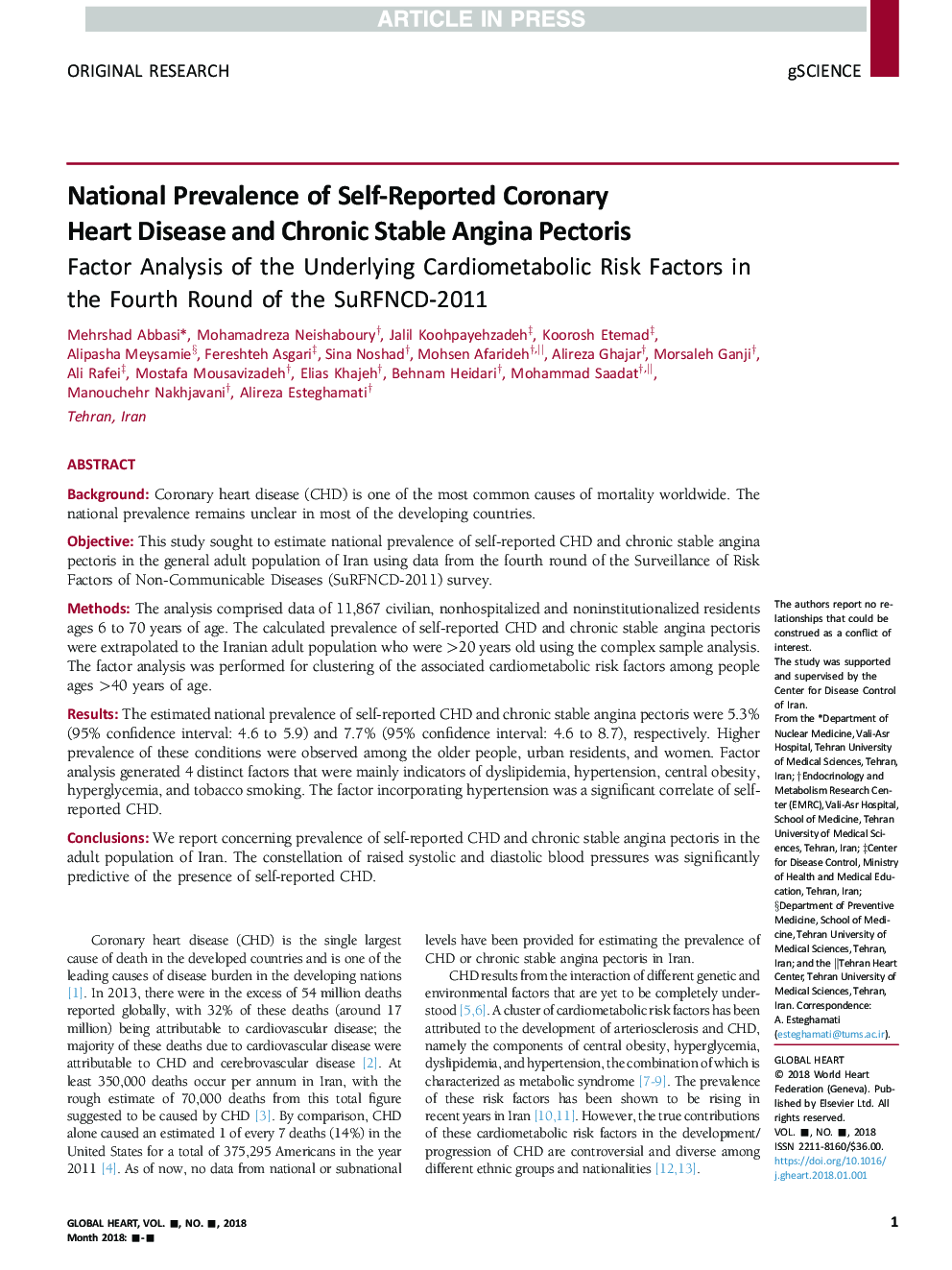 National Prevalence of Self-Reported Coronary Heart Disease and Chronic Stable Angina Pectoris