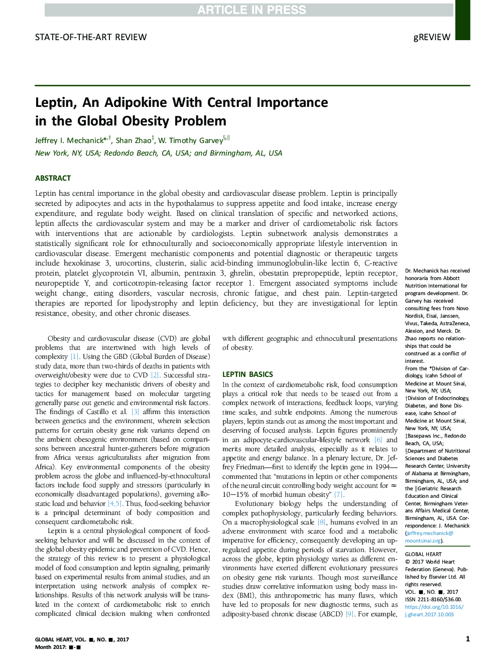 Leptin, An Adipokine With Central Importance in the Global Obesity Problem