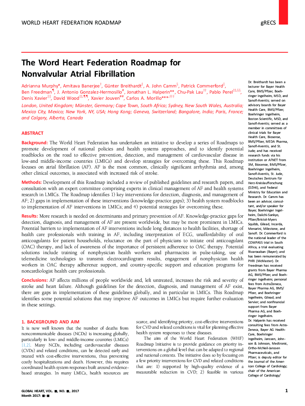 The World Heart Federation Roadmap for Nonvalvular Atrial Fibrillation