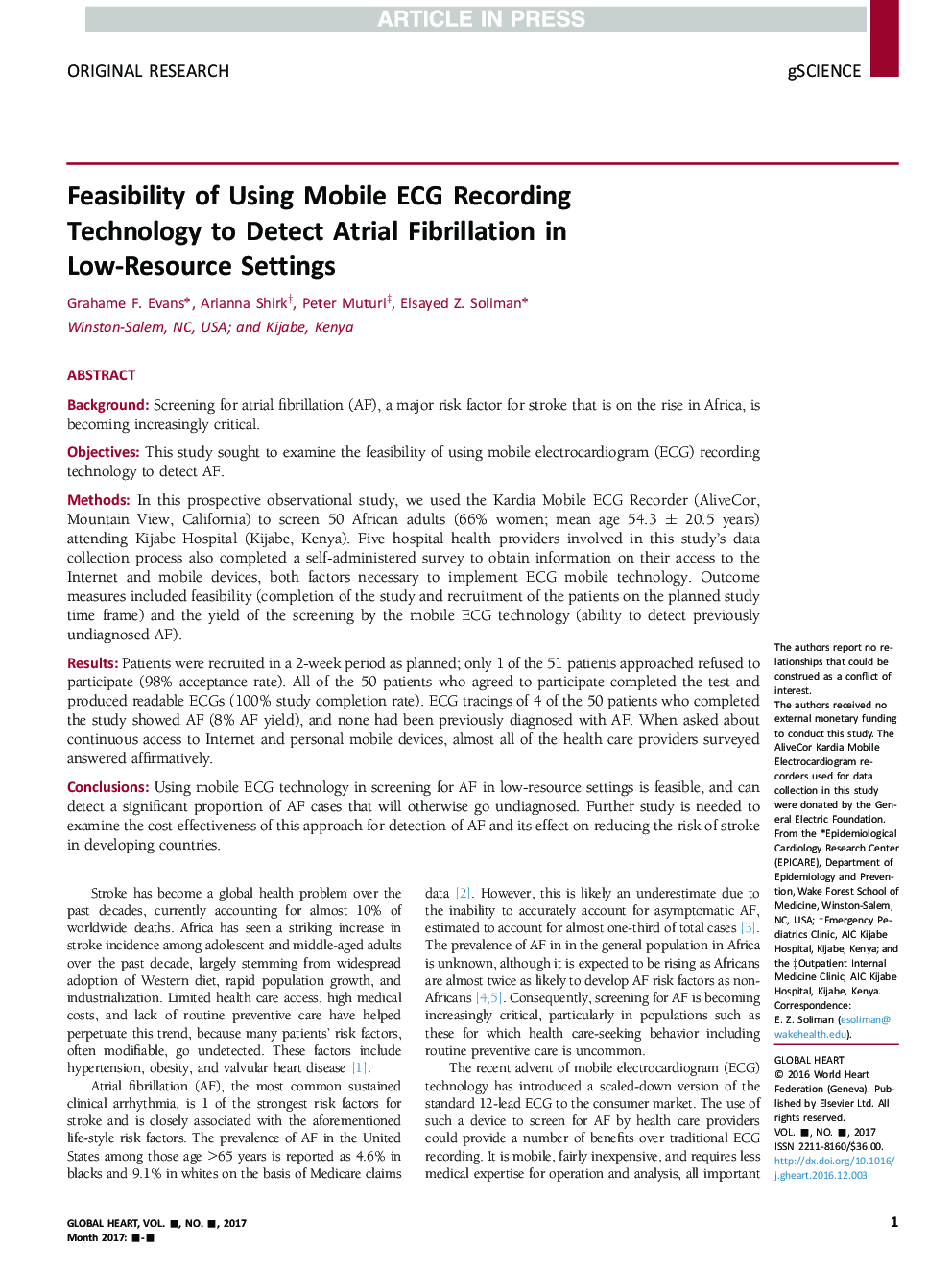 Feasibility of Using Mobile ECG Recording Technology to Detect Atrial Fibrillation in Low-Resource Settings