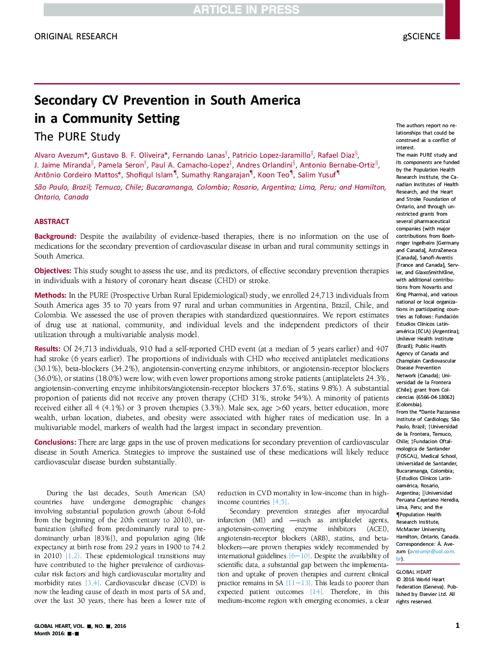 Secondary CV Prevention in South America in a Community Setting