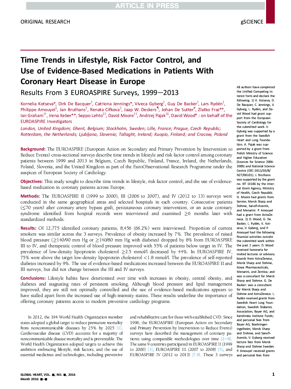 Time Trends in Lifestyle, Risk Factor Control, and Use of Evidence-Based Medications in Patients With Coronary Heart Disease in Europe
