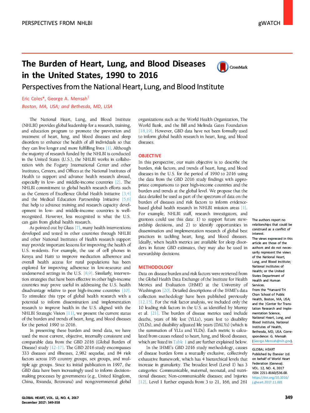 The Burden of Heart, Lung, and Blood Diseases in the United States, 1990 to 2016