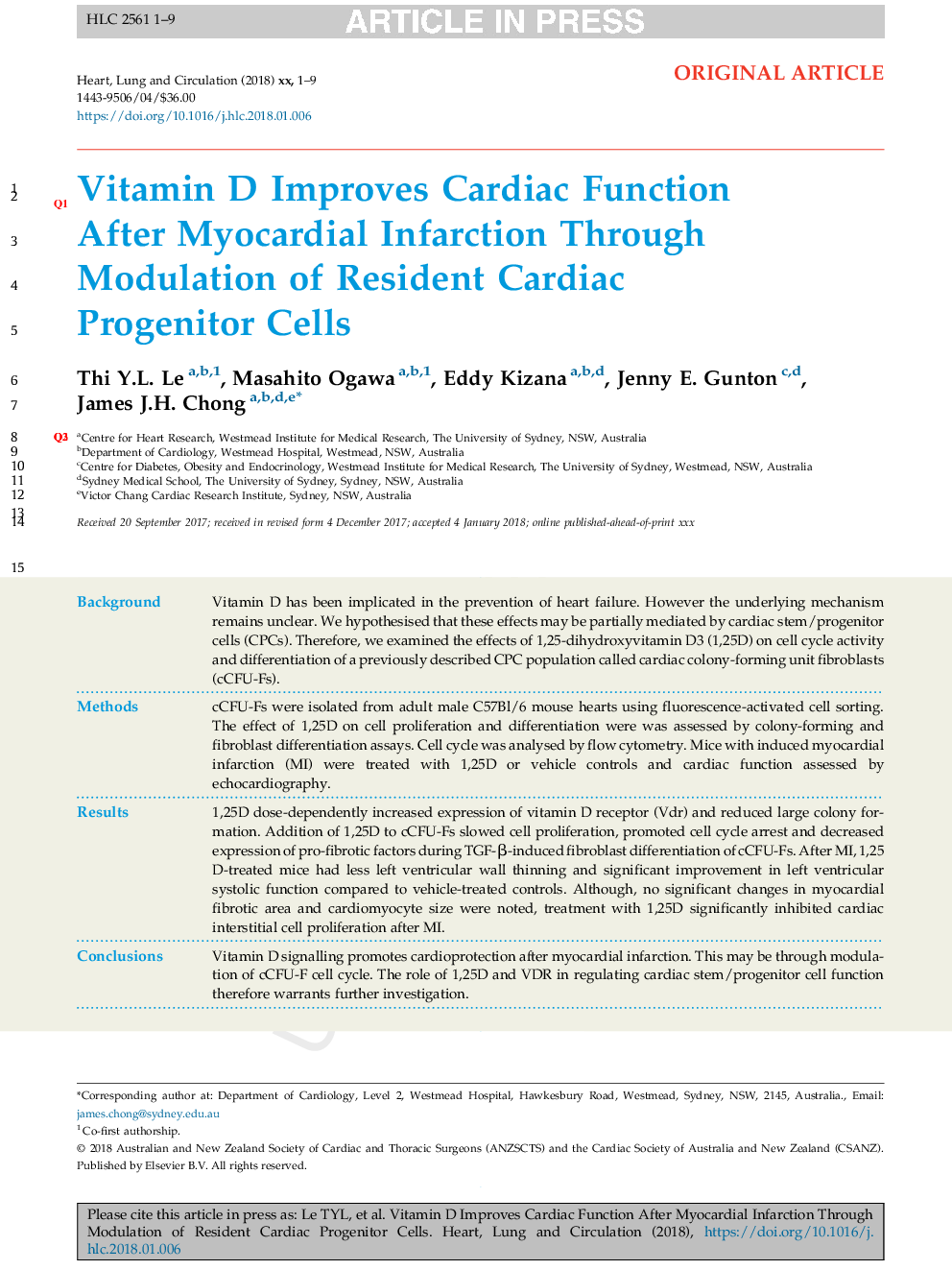 Vitamin D Improves Cardiac Function After Myocardial Infarction Through Modulation of Resident Cardiac Progenitor Cells