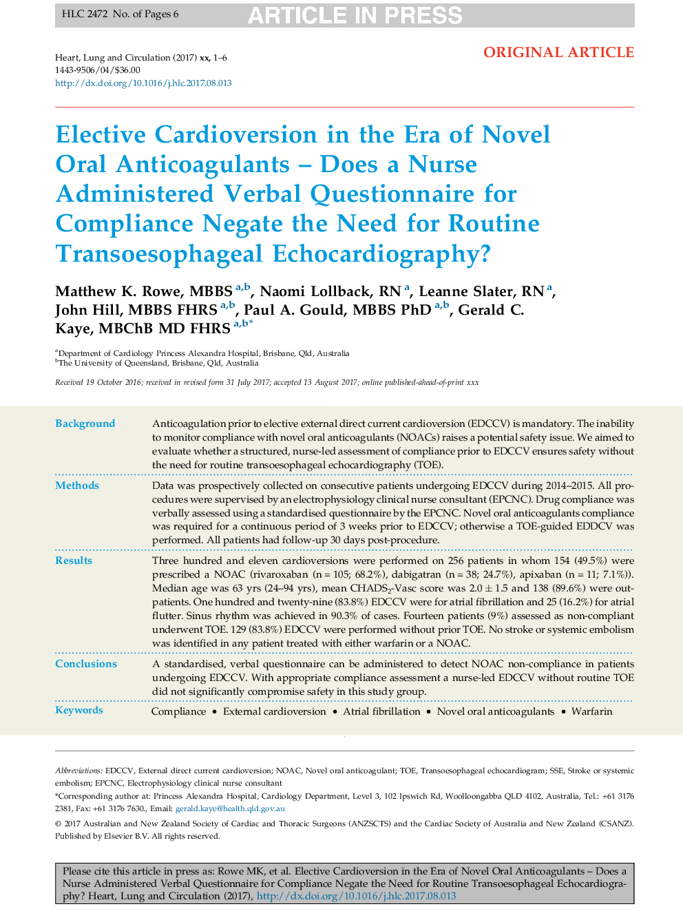 Elective Cardioversion in the Era of Novel Oral Anticoagulants - Does a Nurse Administered Verbal Questionnaire for Compliance Negate the Need for Routine Transoesophageal Echocardiography?