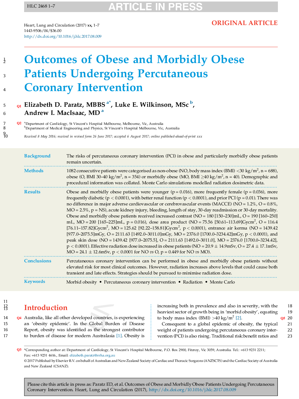 Outcomes of Obese and Morbidly Obese Patients Undergoing Percutaneous Coronary Intervention