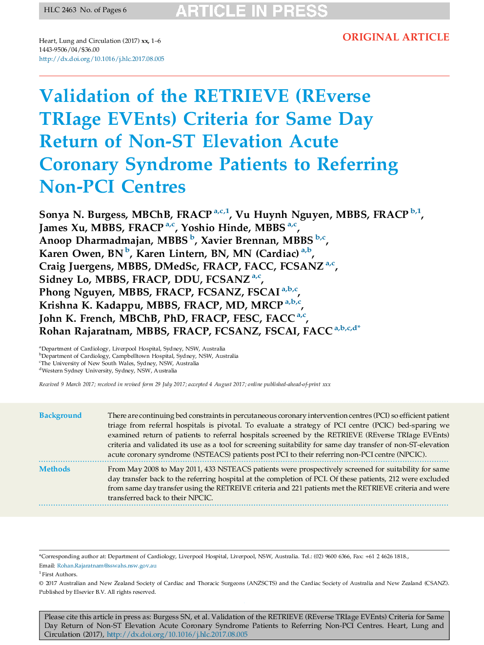 Validation of the RETRIEVE (REverse TRIage EVEnts) Criteria for Same Day Return of Non-ST Elevation Acute Coronary Syndrome Patients to Referring Non-PCI Centres