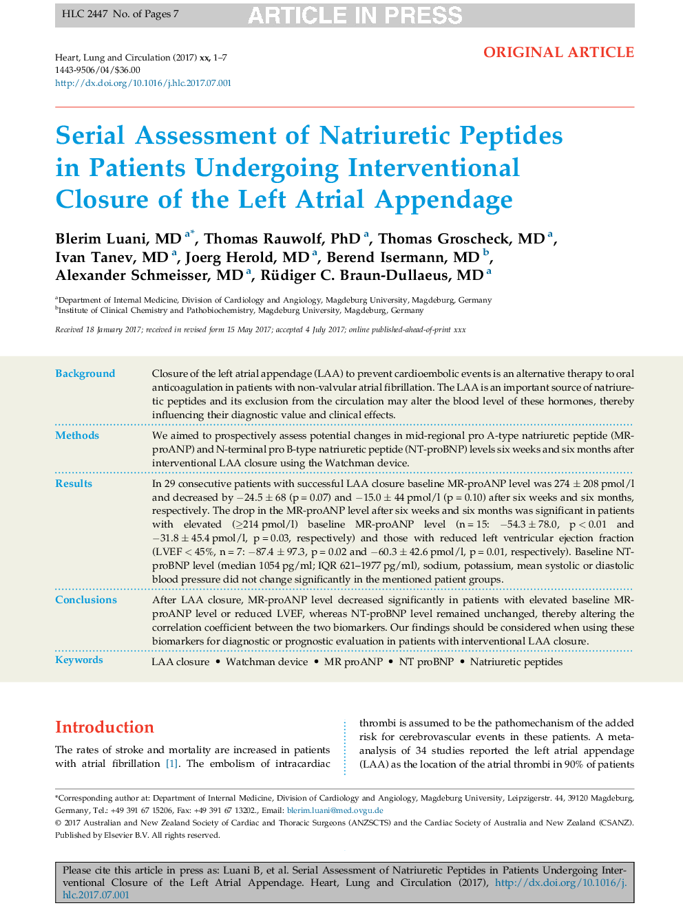 Serial Assessment of Natriuretic Peptides in Patients Undergoing Interventional Closure of the Left Atrial Appendage
