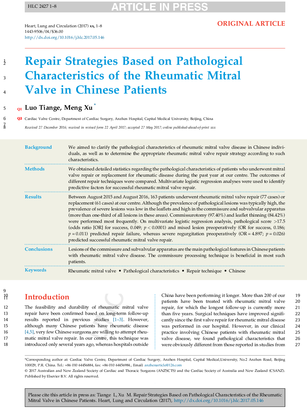 Repair Strategies Based on Pathological Characteristics of the Rheumatic Mitral Valve in Chinese Patients