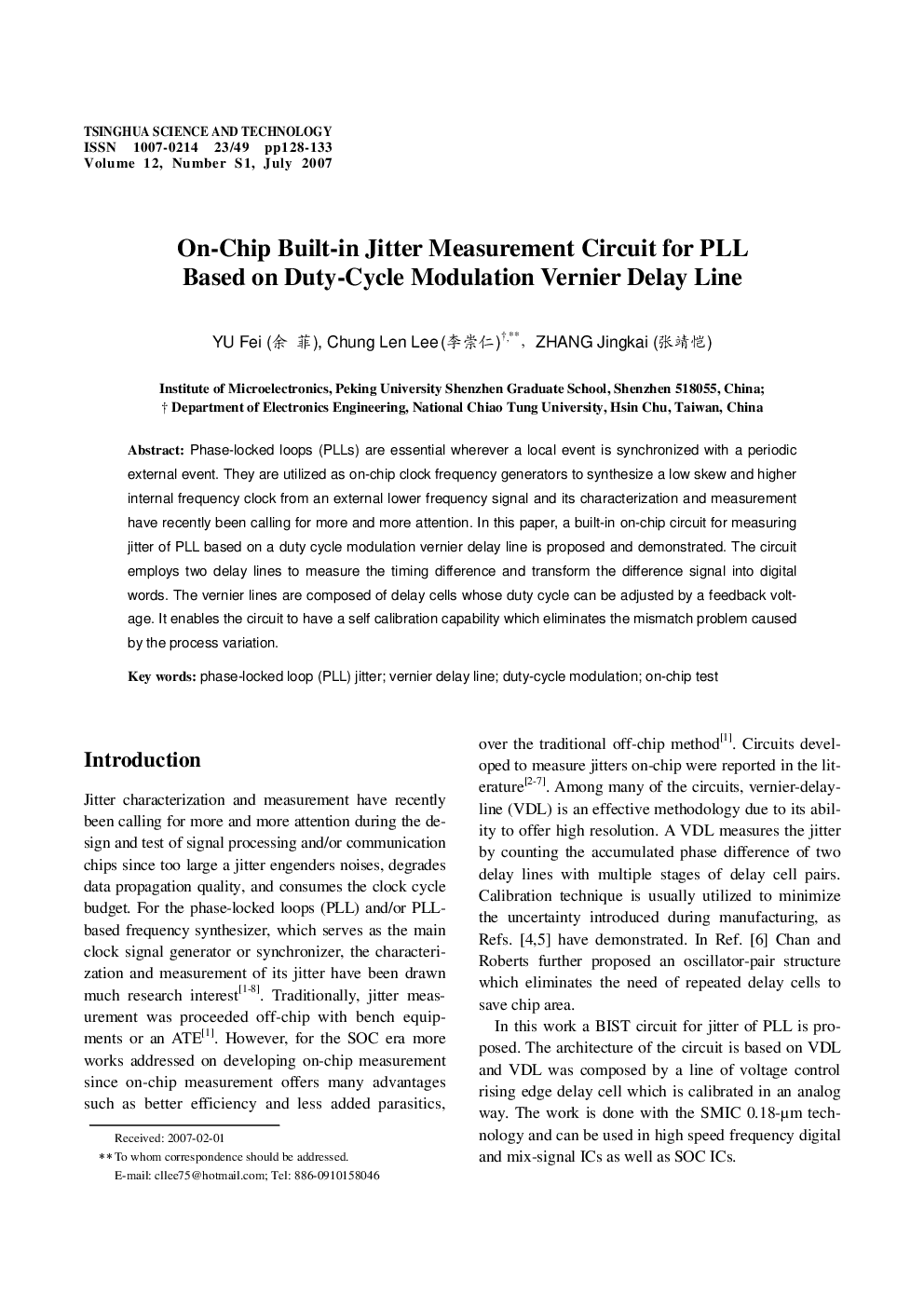 عکس صفحه اول مقاله: On-Chip Built-in Jitter Measurement Circuit for PLL Based on Duty-Cycle Modulation Vernier Delay Line On-Chip Built-in Jitter Measurement Circuit for PLL Based on Duty-Cycle Modulation Vernier Delay Line