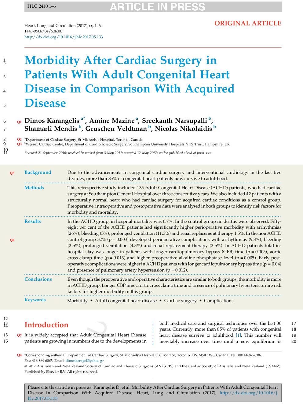 Morbidity After Cardiac Surgery in Patients With Adult Congenital Heart Disease in Comparison With Acquired Disease