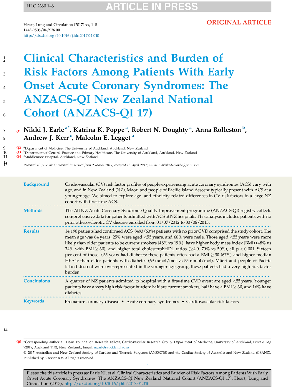 Clinical Characteristics and Burden of Risk Factors Among Patients With Early Onset Acute Coronary Syndromes: The ANZACS-QI New Zealand National Cohort (ANZACS-QI 17)