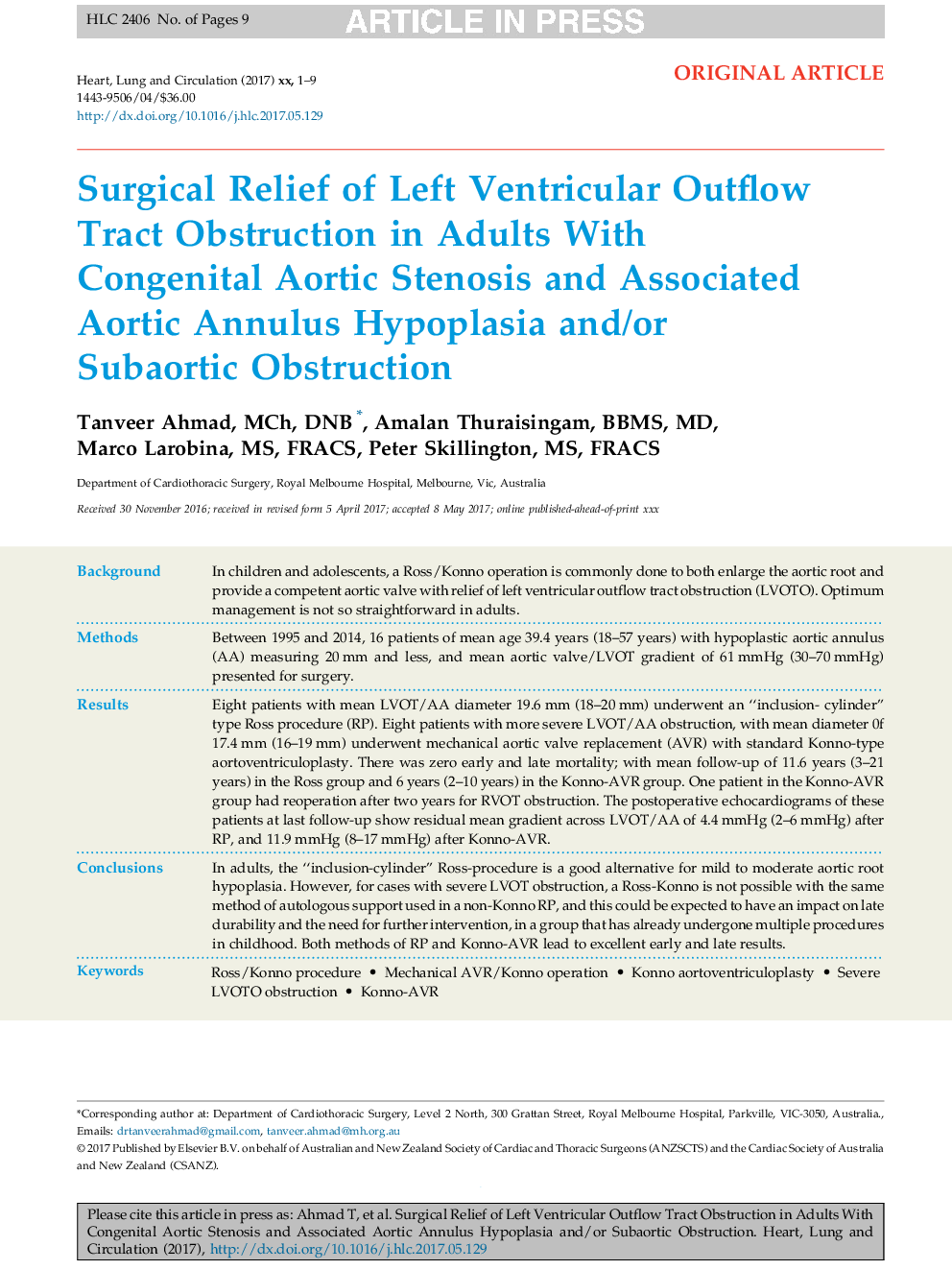 Surgical Relief of Left Ventricular Outflow Tract Obstruction in Adults With Congenital Aortic Stenosis and Associated Aortic Annulus Hypoplasia and/or Subaortic Obstruction