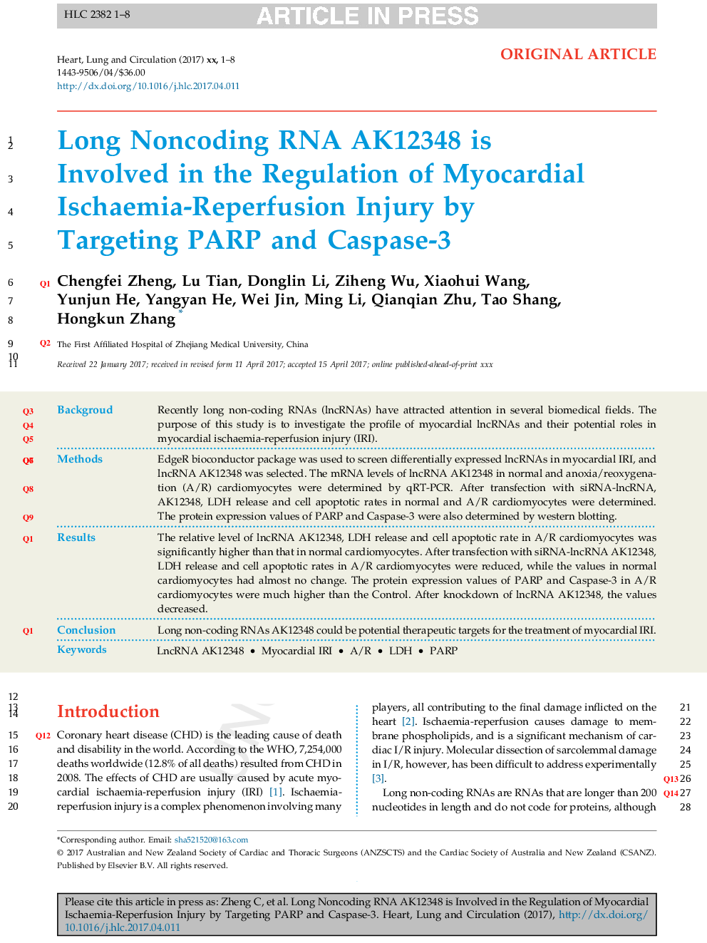 Long Noncoding RNA AK123483 is Involved in the Regulation of Myocardial Ischaemia-Reperfusion Injury by Targeting PARP and Caspase-3